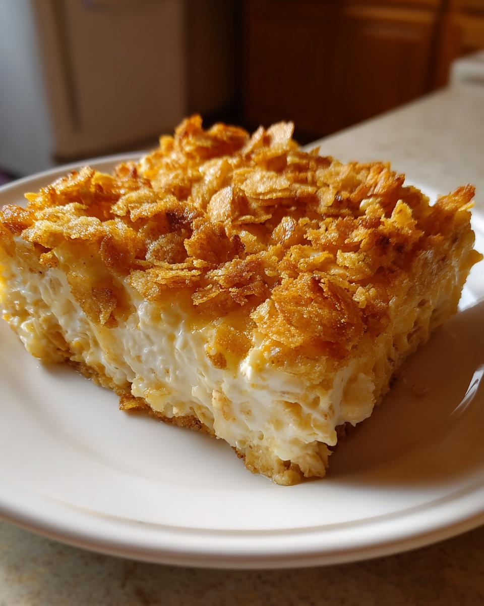 A square slice of creamy hot chicken salad casserole topped with crunchy golden cornflakes.