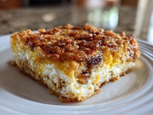 Close-up of a square slice of baked hot chicken salad with a creamy white layer and a crunchy, golden-brown topping.