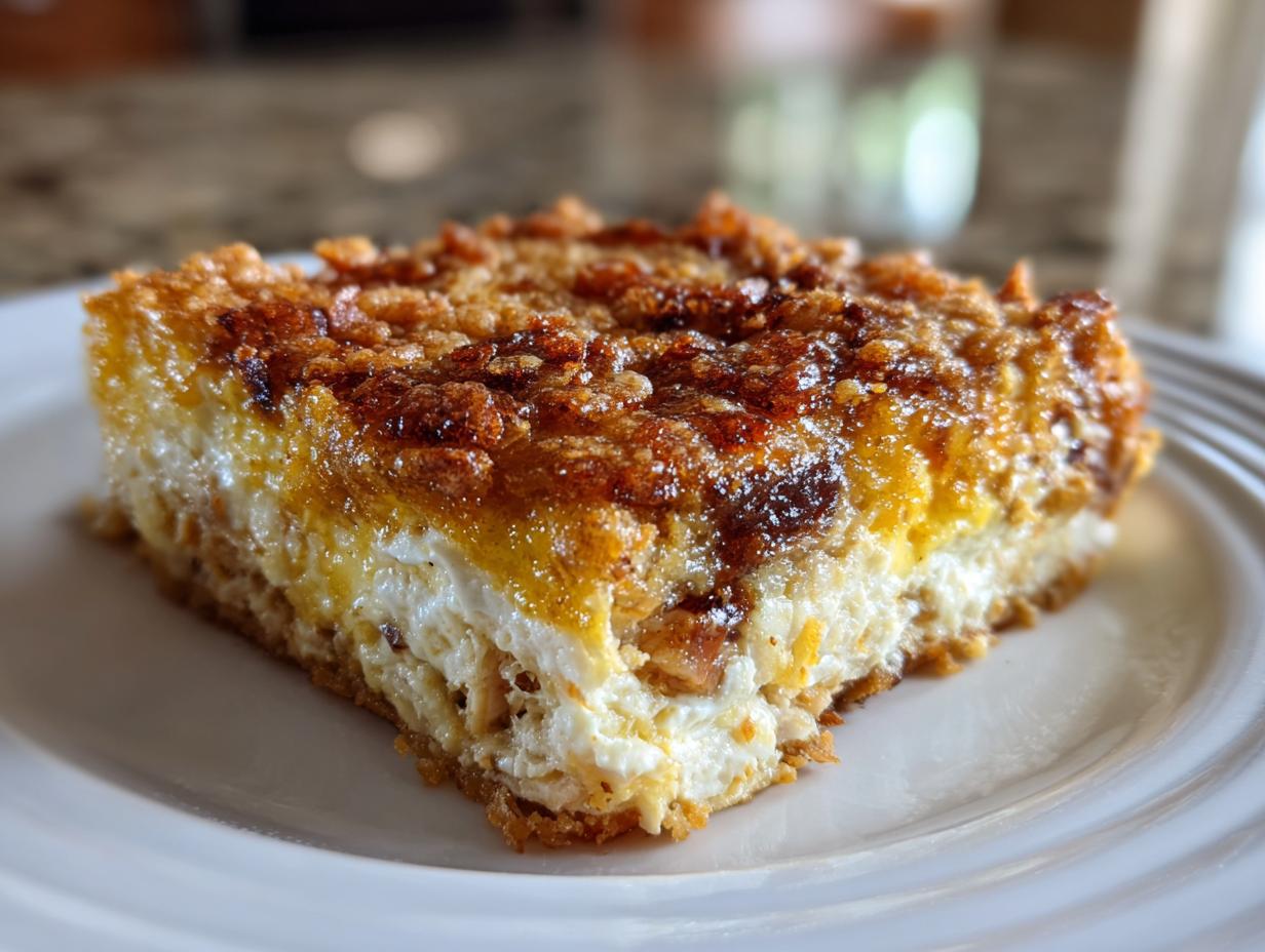 Close-up of a square slice of baked hot chicken salad with a creamy white layer and a crunchy, golden-brown topping.