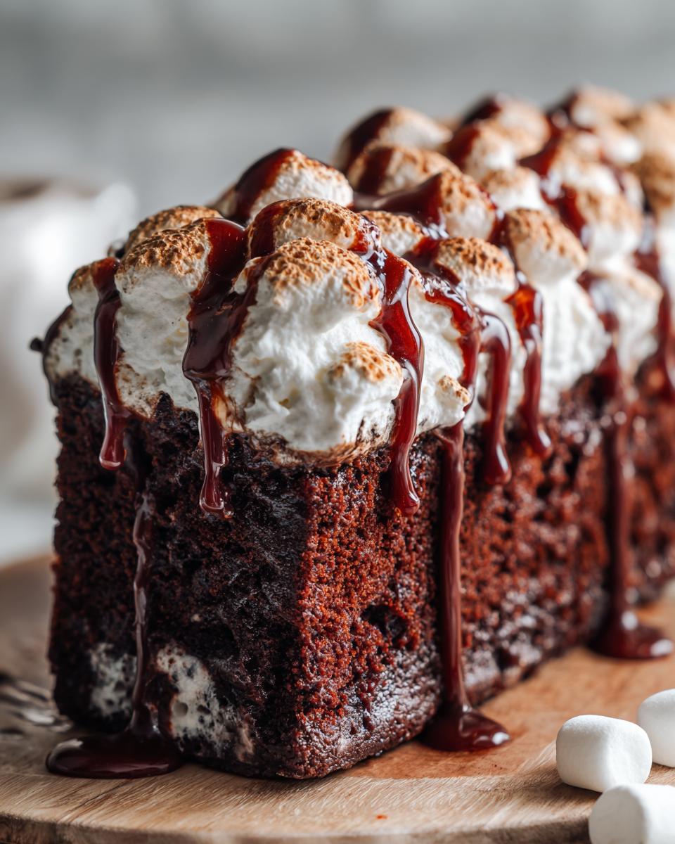 A rich slice of hot chocolate poke cake topped with toasted marshmallows and drizzled with chocolate syrup.