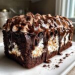 A rich slice of hot chocolate poke cake showing chocolate cake, white filling, and thick chocolate fudge dripping down the sides.