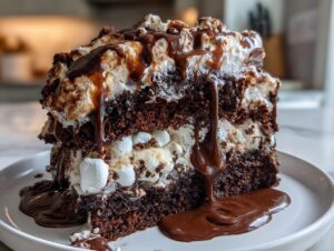 A tall slice of rich chocolate hot chocolate poke cake layered with marshmallows and topped with whipped cream and dripping fudge sauce.