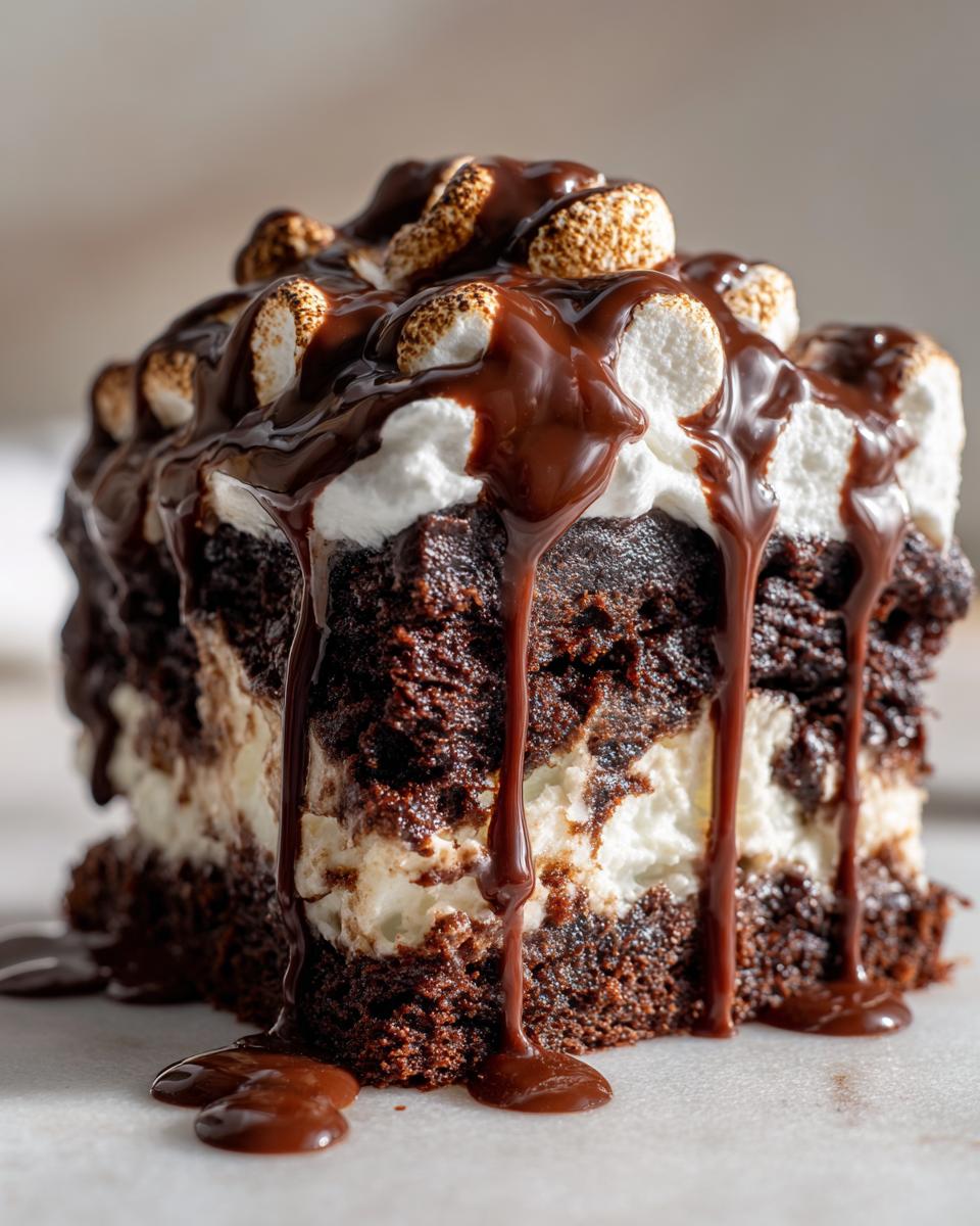 Close-up of a rich slice of hot chocolate poke cake layered with cream, topped with melted chocolate sauce and toasted marshmallows.