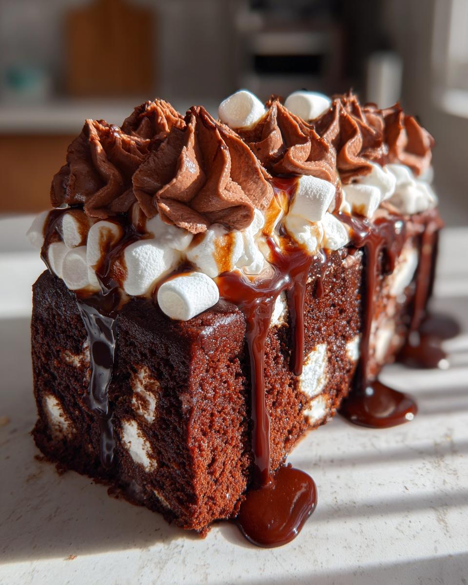 A rich slice of hot chocolate poke cake showing marshmallows inside, topped with chocolate frosting, mini marshmallows, and dripping chocolate sauce.