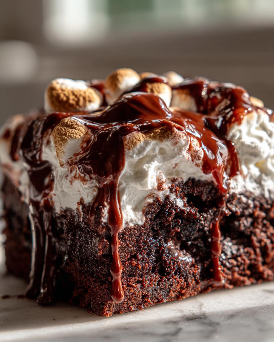 Close-up of a rich slice of hot chocolate poke cake topped with whipped cream, toasted marshmallows, and dripping chocolate sauce.