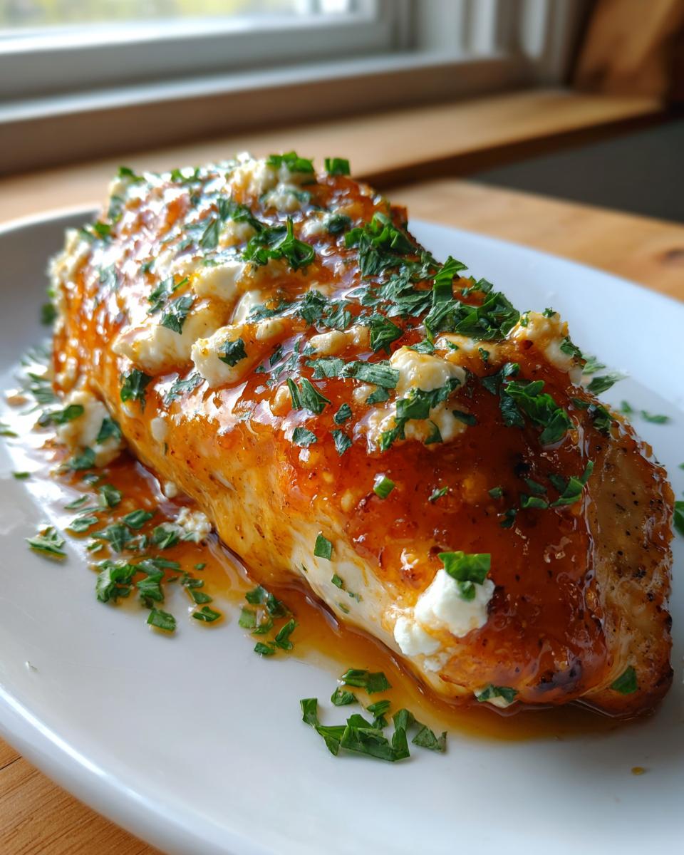 A close-up of a juicy hot honey feta chicken breast covered in glaze, crumbled feta, and fresh parsley.