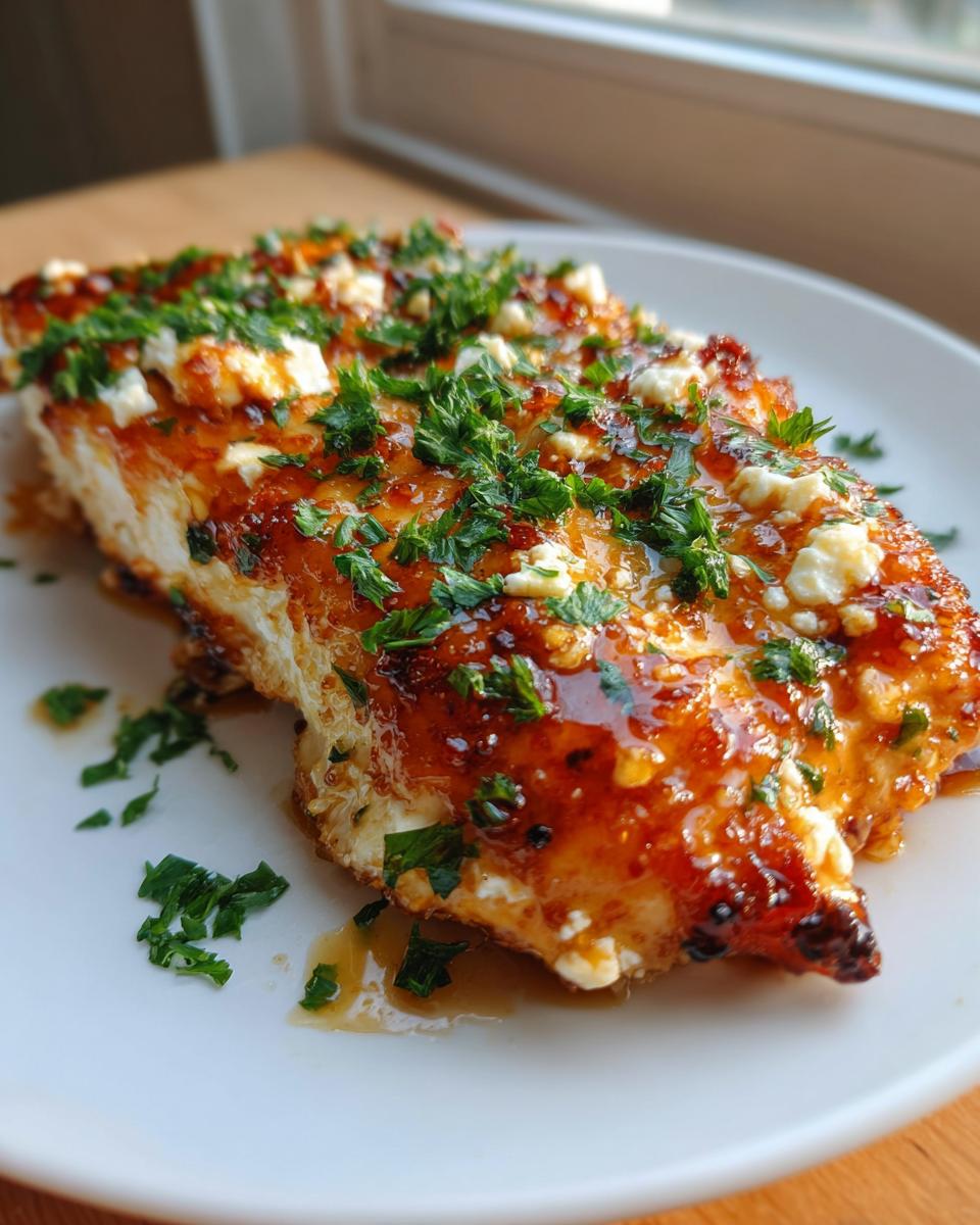 Close-up of a juicy hot honey feta chicken breast, glazed and topped with crumbled feta and fresh parsley.