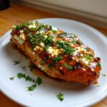 A single serving of hot honey feta chicken, glistening with glaze and topped with crumbled feta and fresh parsley.