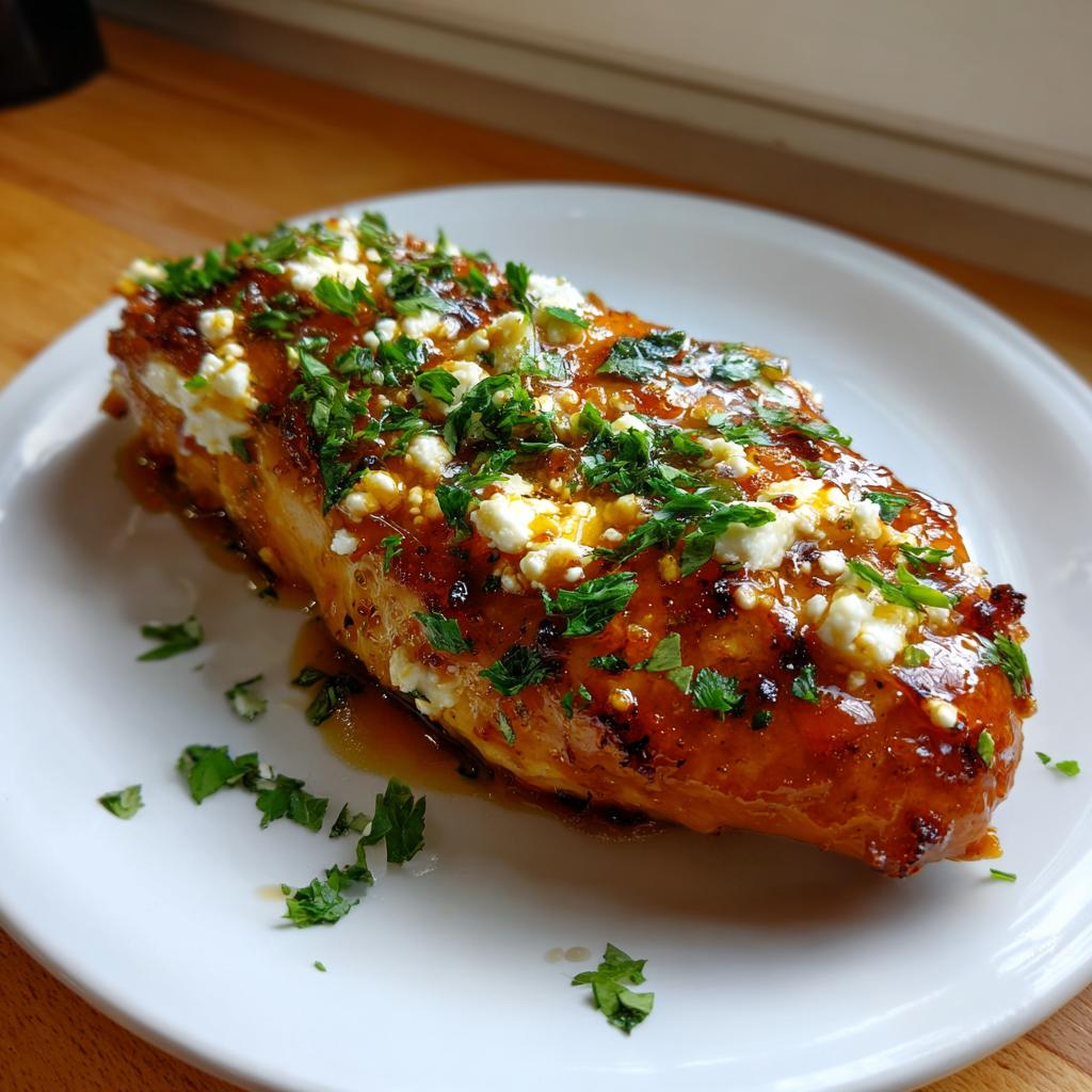 A single serving of hot honey feta chicken, glistening with glaze and topped with crumbled feta and fresh parsley.