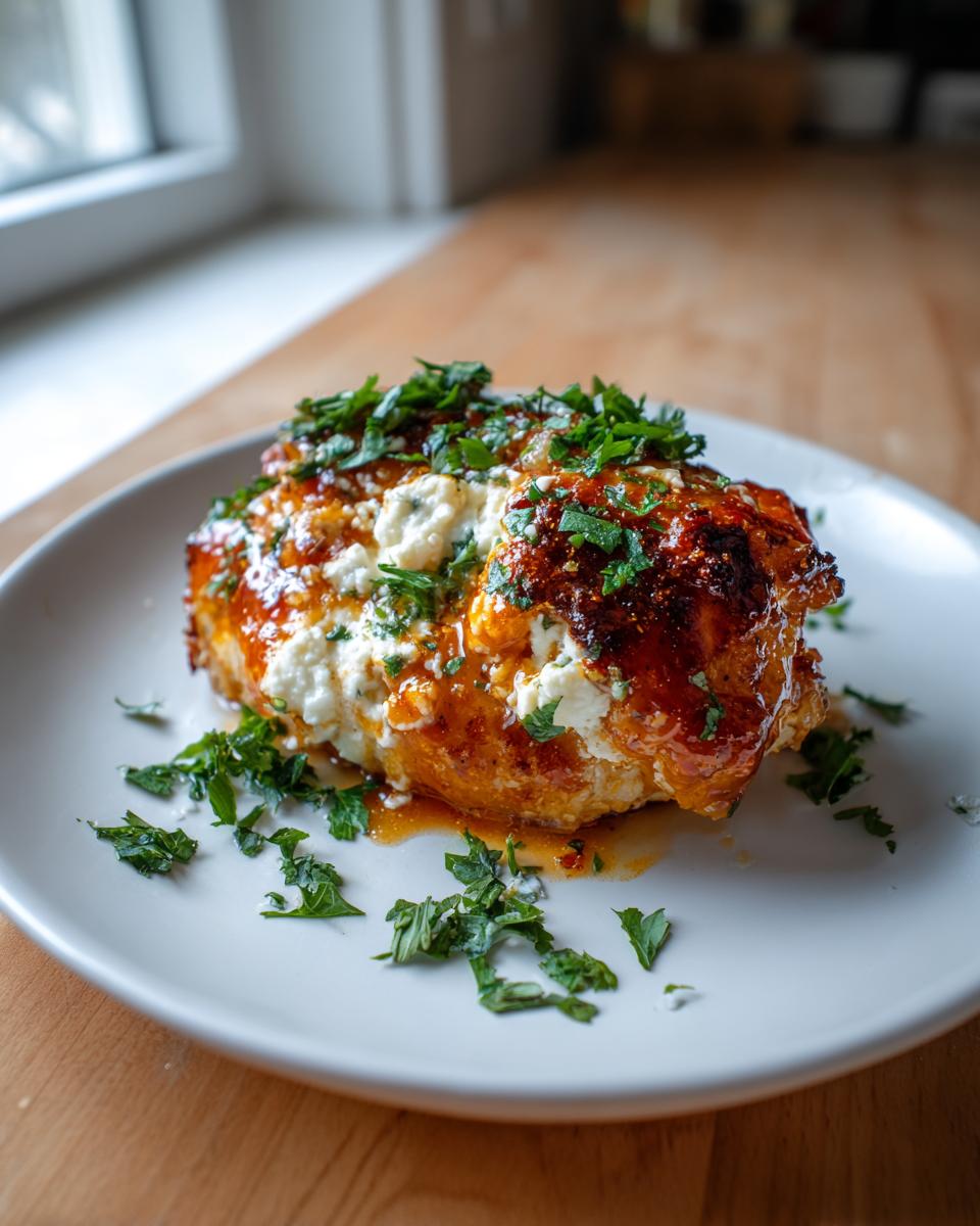 A close-up of a single serving of hot honey feta chicken, topped with melted white feta and fresh parsley.