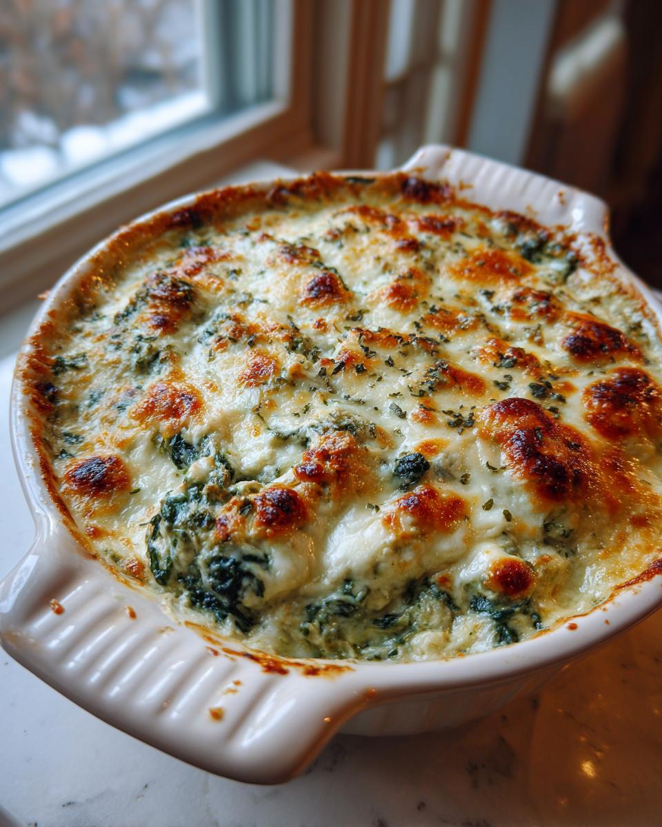 Close-up of a creamy, baked spinach artichoke dip with a golden, bubbly cheese topping.