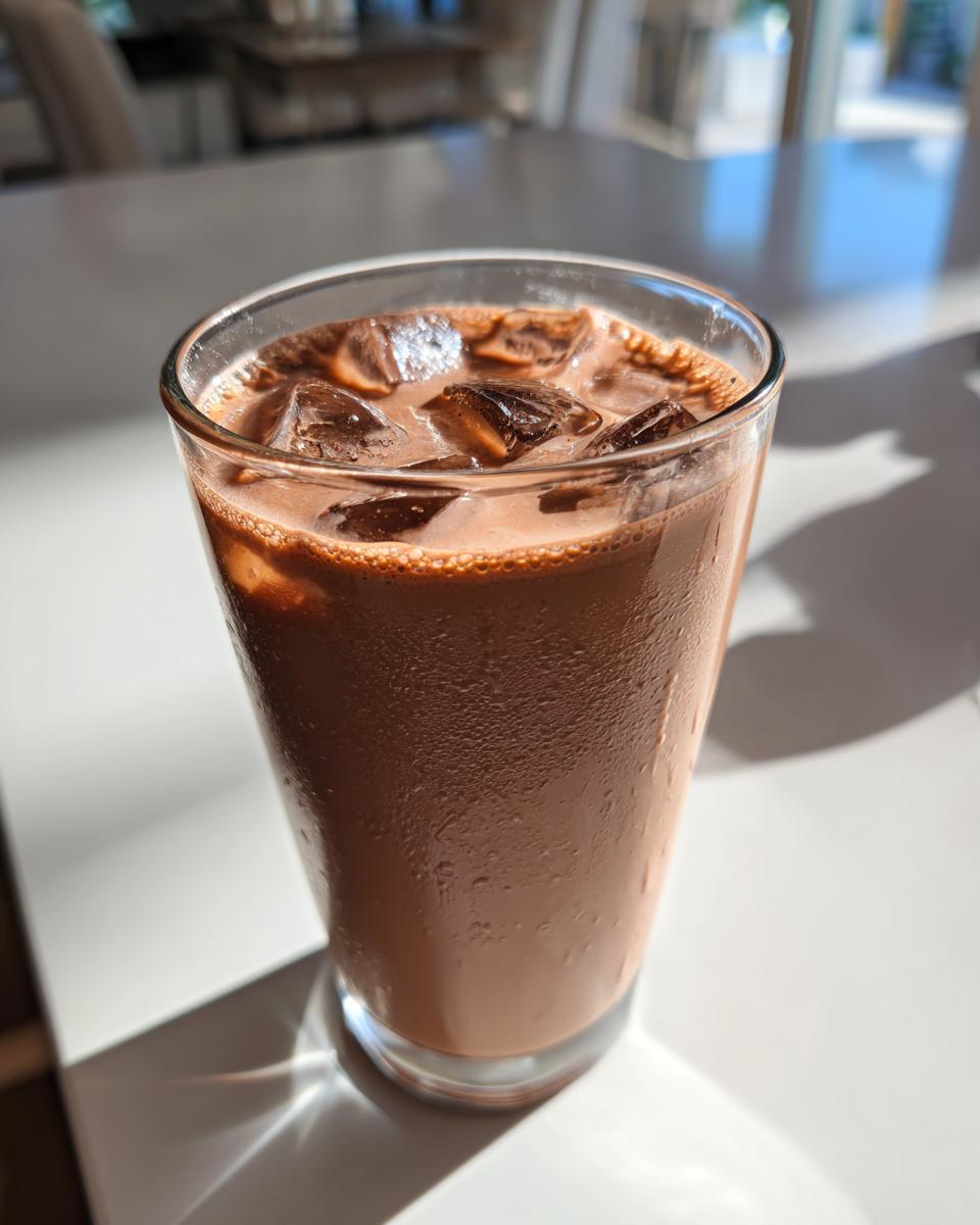 A tall glass filled with cold, frothy chocolate milk and ice cubes, showing condensation on the outside.