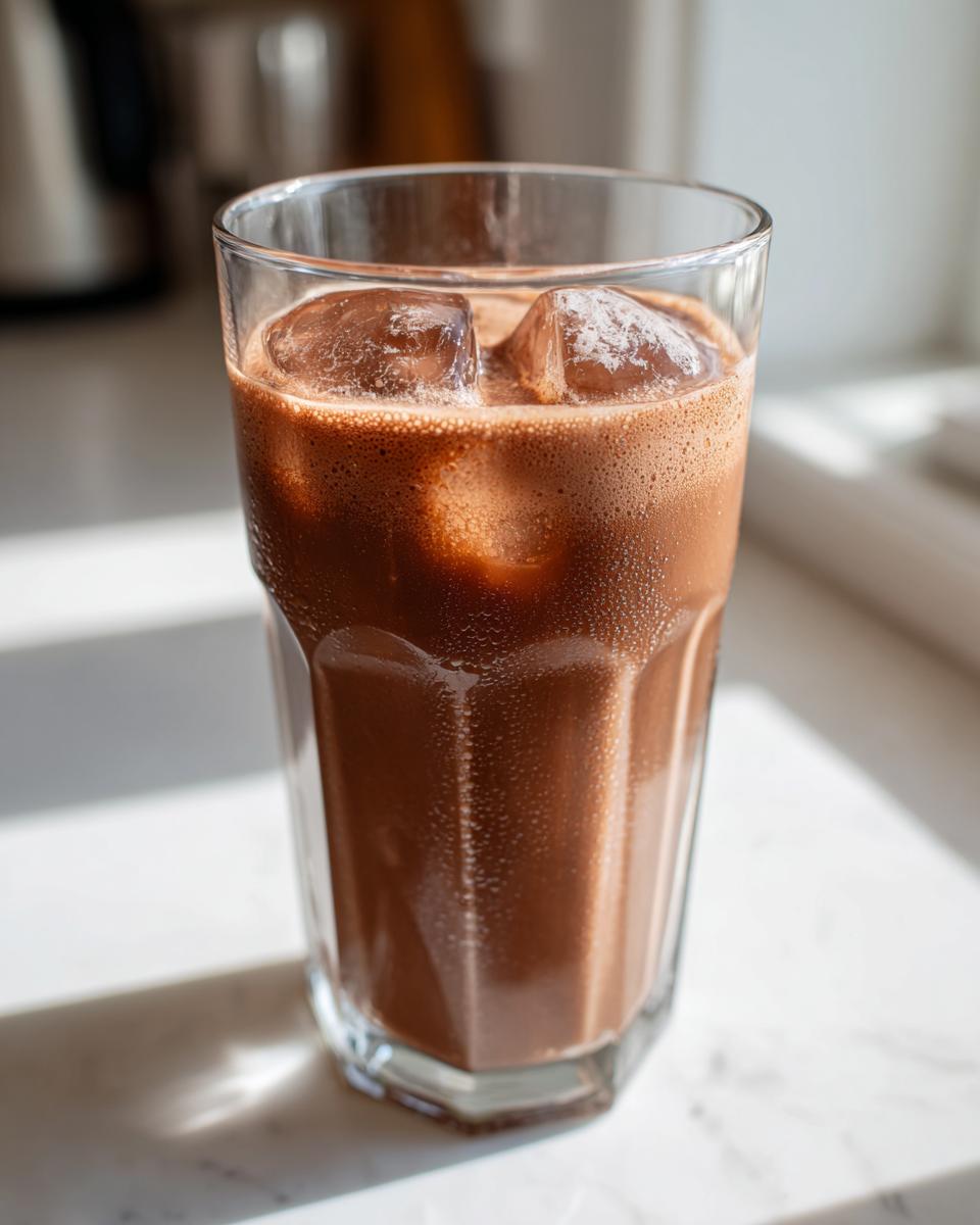 A tall glass filled with rich, iced chocolate milk and large ice cubes, sitting on a bright white surface.