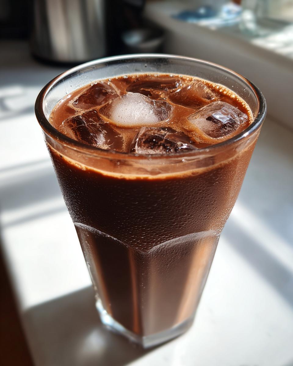 Close-up of a tall glass filled with iced chocolate milk, showing condensation on the glass.