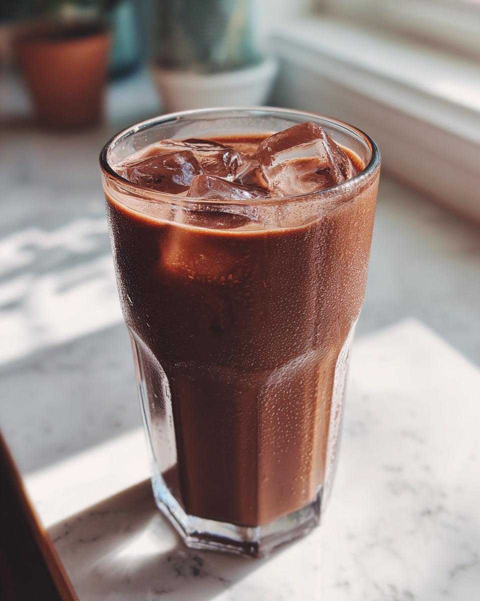 A tall, sweating glass filled with rich, iced chocolate milk sits on a bright, sunlit marble surface.