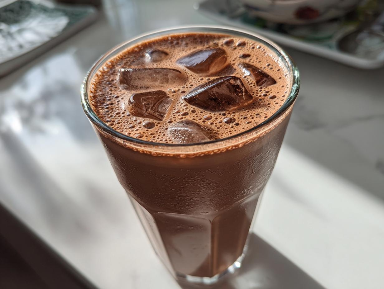 Close-up of a tall glass filled with iced chocolate milk, topped with foam and ice cubes, glistening in the sunlight.