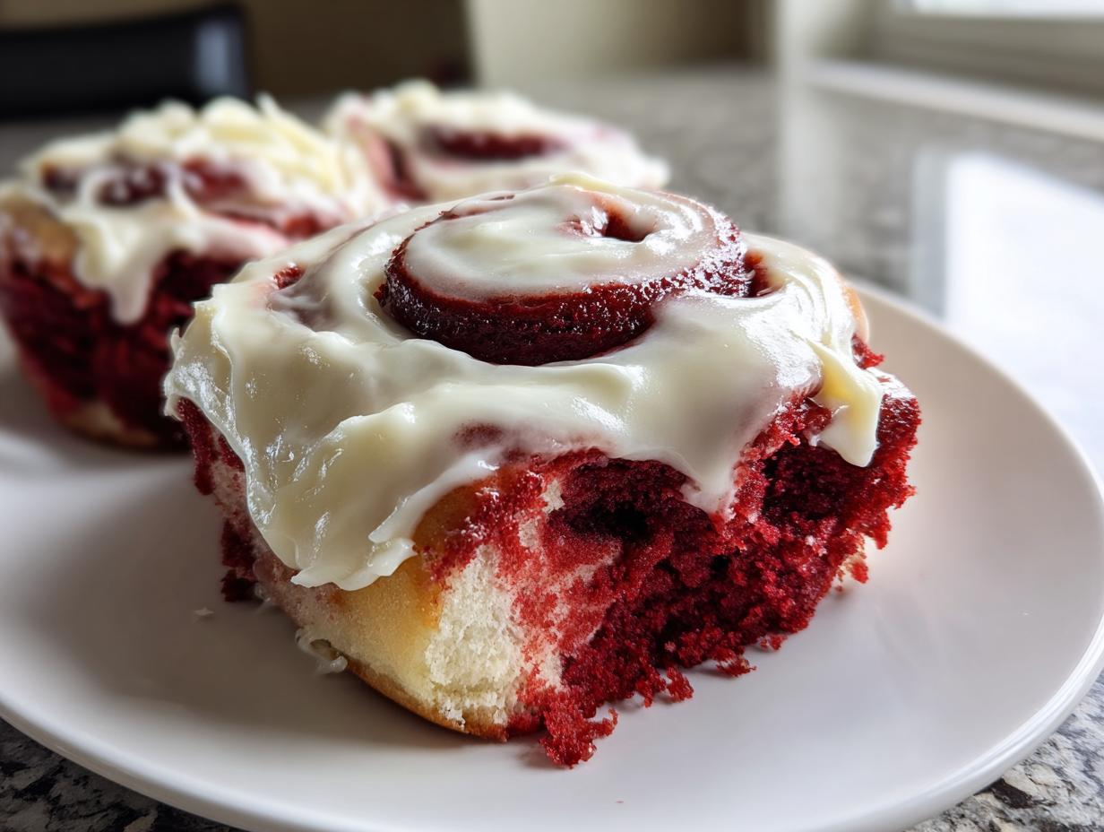 A close-up of a moist red velvet cinnamon rolls slice covered in thick cream cheese frosting.