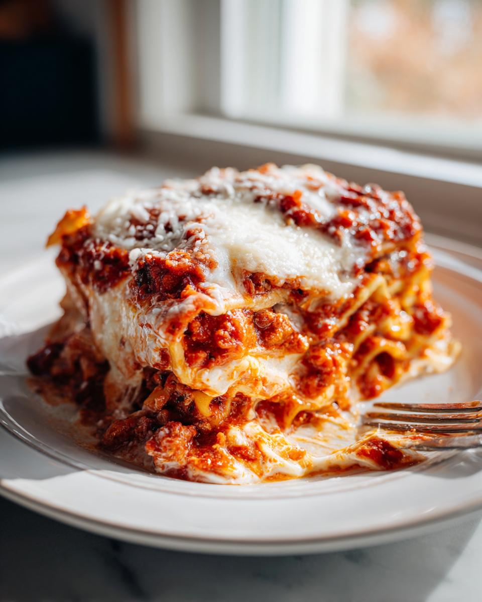 A close-up of a hearty, cheesy slice of instant pot lasagna served on a white plate with a fork.