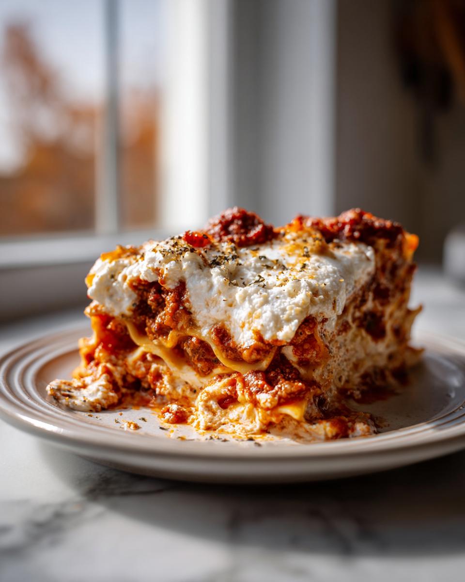 A tall, layered slice of rich Instant Pot Lasagna topped with creamy ricotta cheese and herbs.