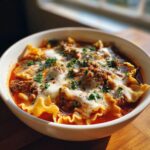 A close-up of a white bowl filled with rich Instant Pot Lasagna Soup, topped with melted mozzarella and fresh parsley.