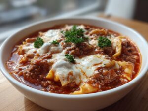 A close-up of a white bowl filled with rich Instant Pot Lasagna Soup, topped with melted cheese and fresh parsley.