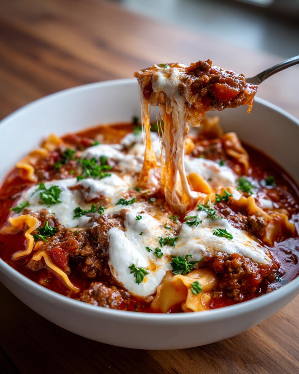 A spoonful of rich Instant Pot Lasagna Soup showing a dramatic cheese pull over the bowl.