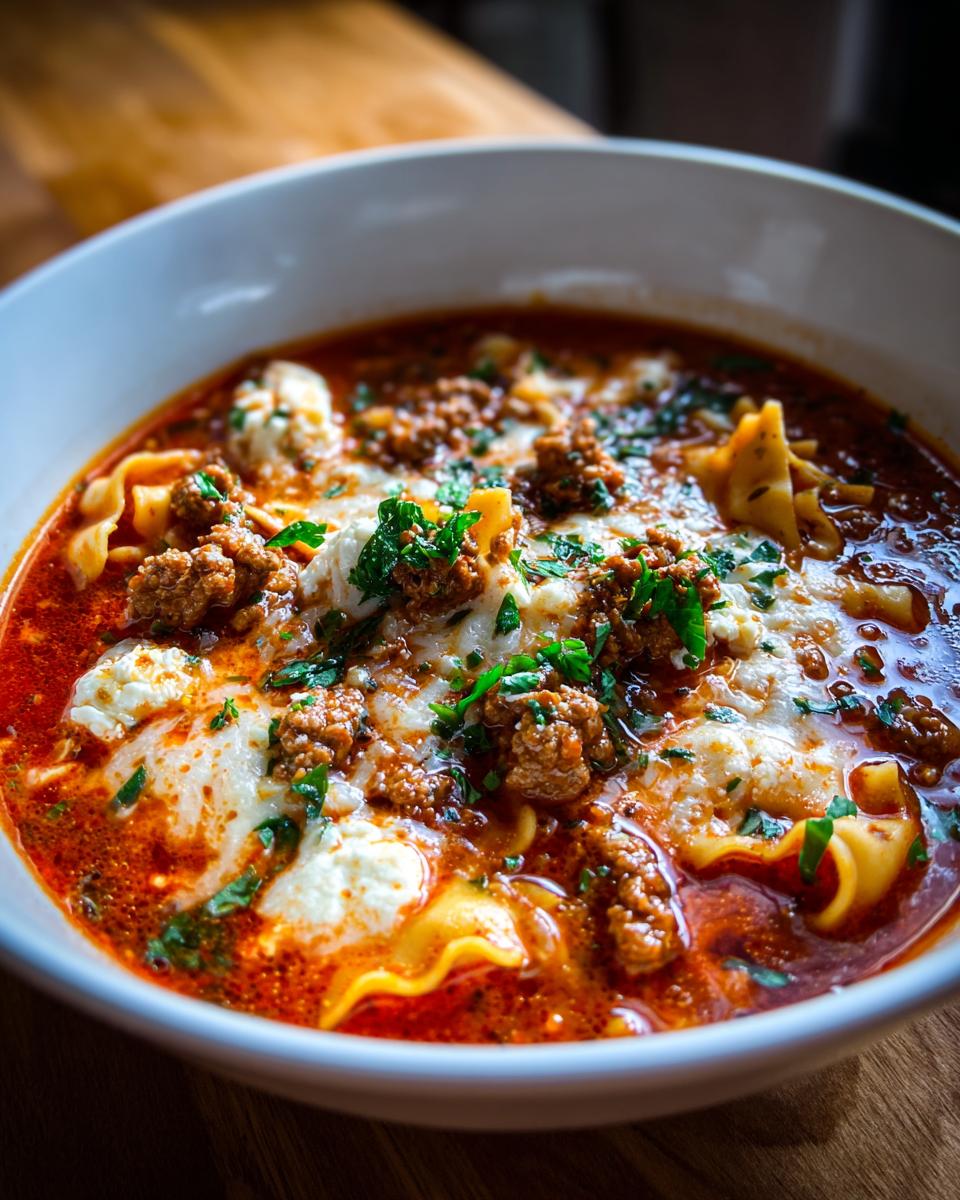 Close-up of a hearty bowl of instant pot lasagna soup topped with melted cheese, ground meat, and fresh parsley.