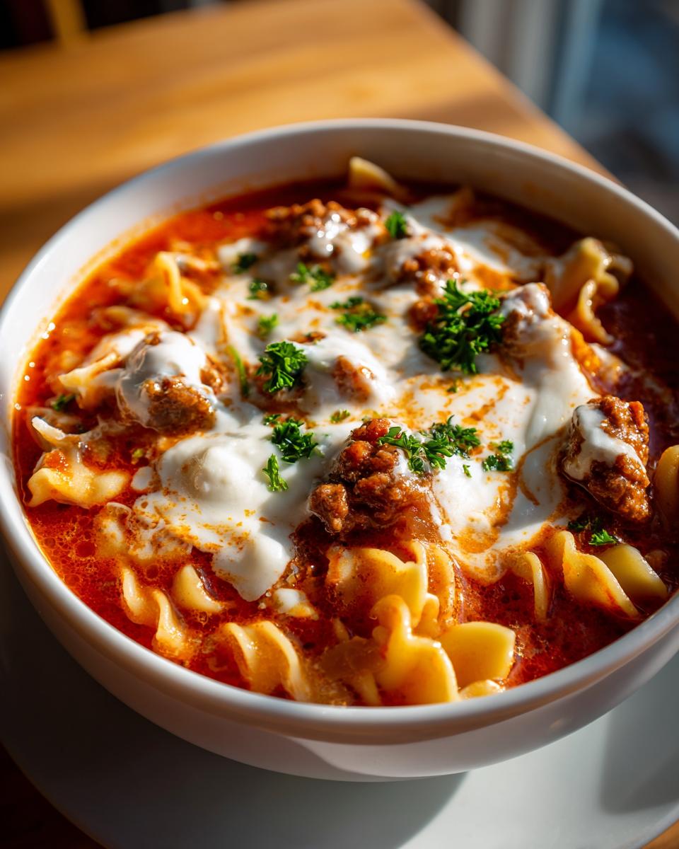 A close-up of a bowl of rich Instant Pot Lasagna Soup topped with creamy ricotta and fresh parsley.