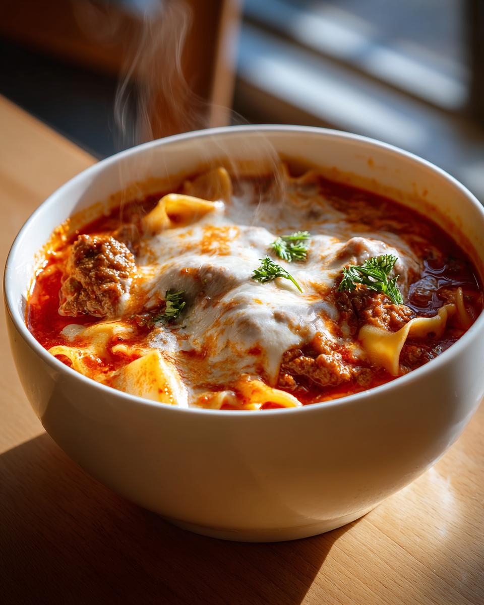 Close-up of a steaming white bowl filled with rich, red Instant Pot Lasagna Soup topped with melted mozzarella cheese and parsley.