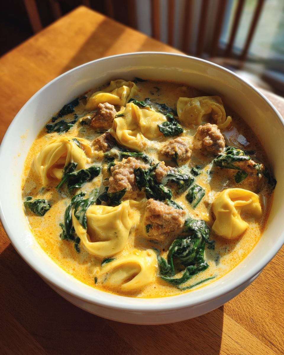 A close-up of a hearty bowl of italian sausage tortellini soup featuring tortellini, sausage crumbles, and wilted spinach in a creamy broth.