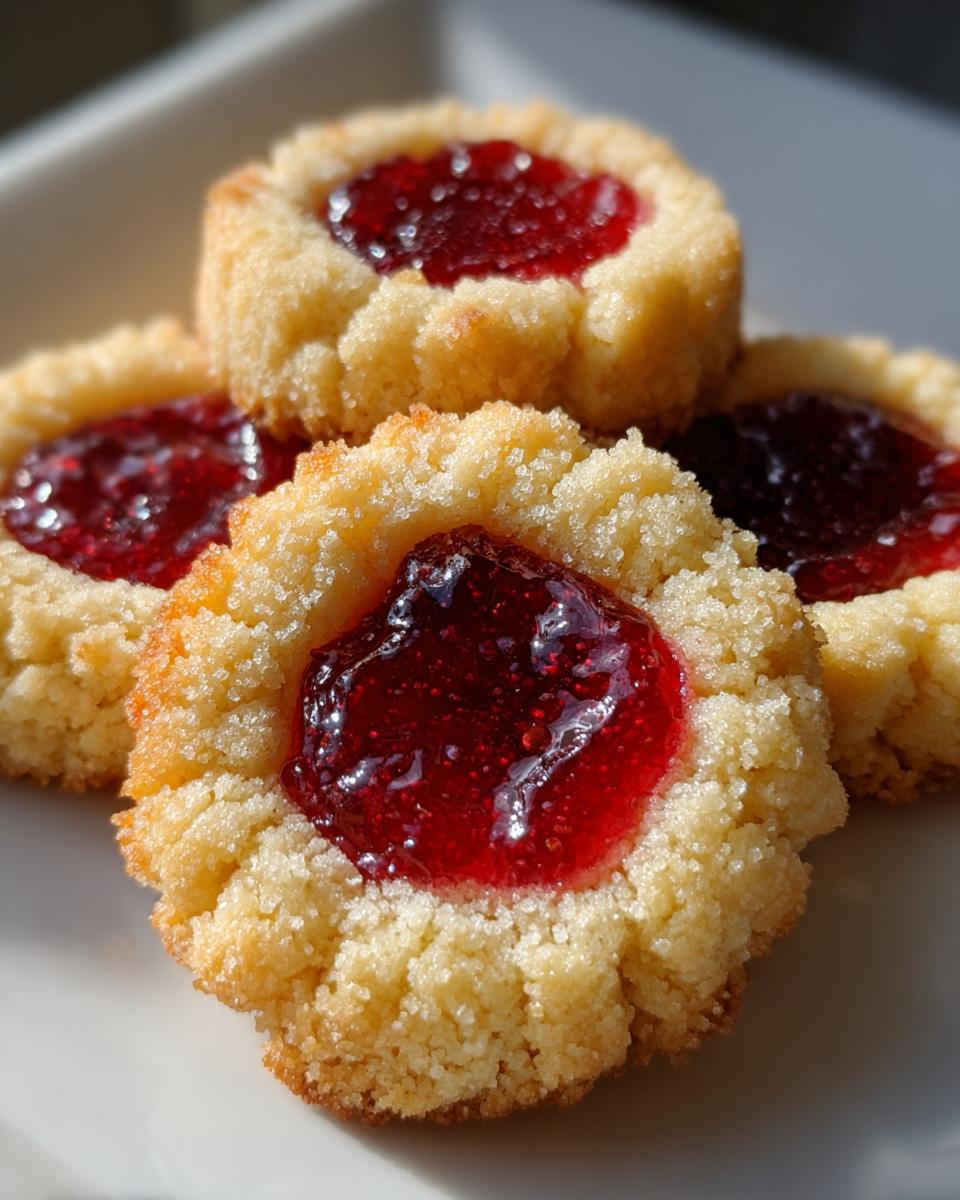 A close-up stack of four golden, crumbly thumbprint cookies filled with bright red raspberry jam.