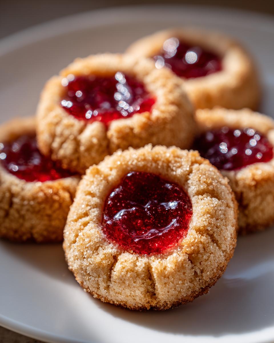 A close-up photo of several golden, sugar-coated thumbprint cookies filled with bright red jam.