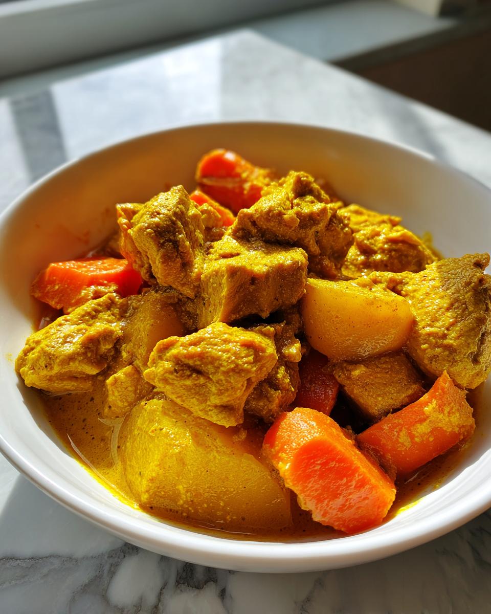 Close-up of a white bowl filled with rich, yellow Jamaican curry chicken pieces, potatoes, and bright orange carrots.