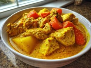 Close-up of rich, yellow Jamaican curry chicken chunks with carrots and potatoes in a white bowl.
