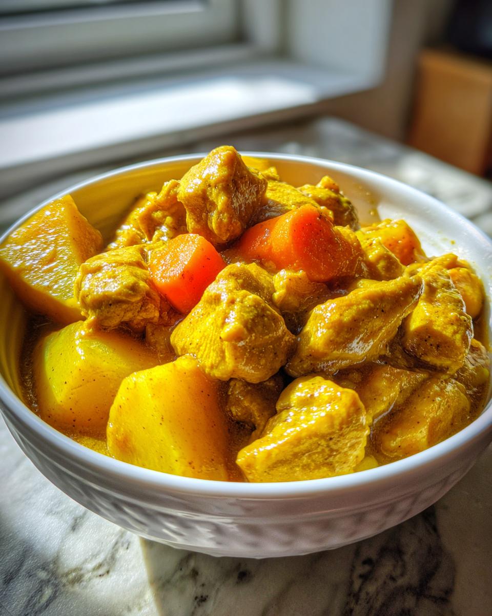 Close-up of a white bowl filled with rich, yellow Jamaican curry chicken chunks, potatoes, and carrots.