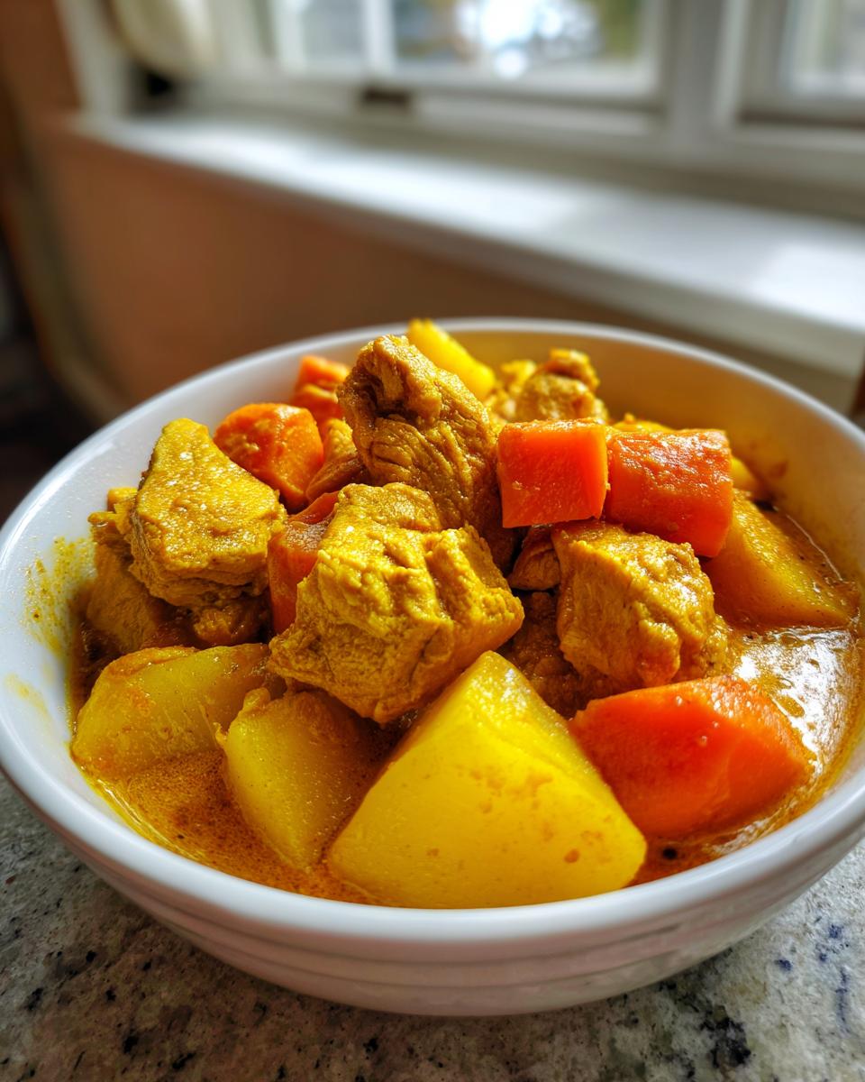Close-up of a white bowl filled with Jamaican curry chicken, yellow potatoes, and orange carrots in a rich sauce.