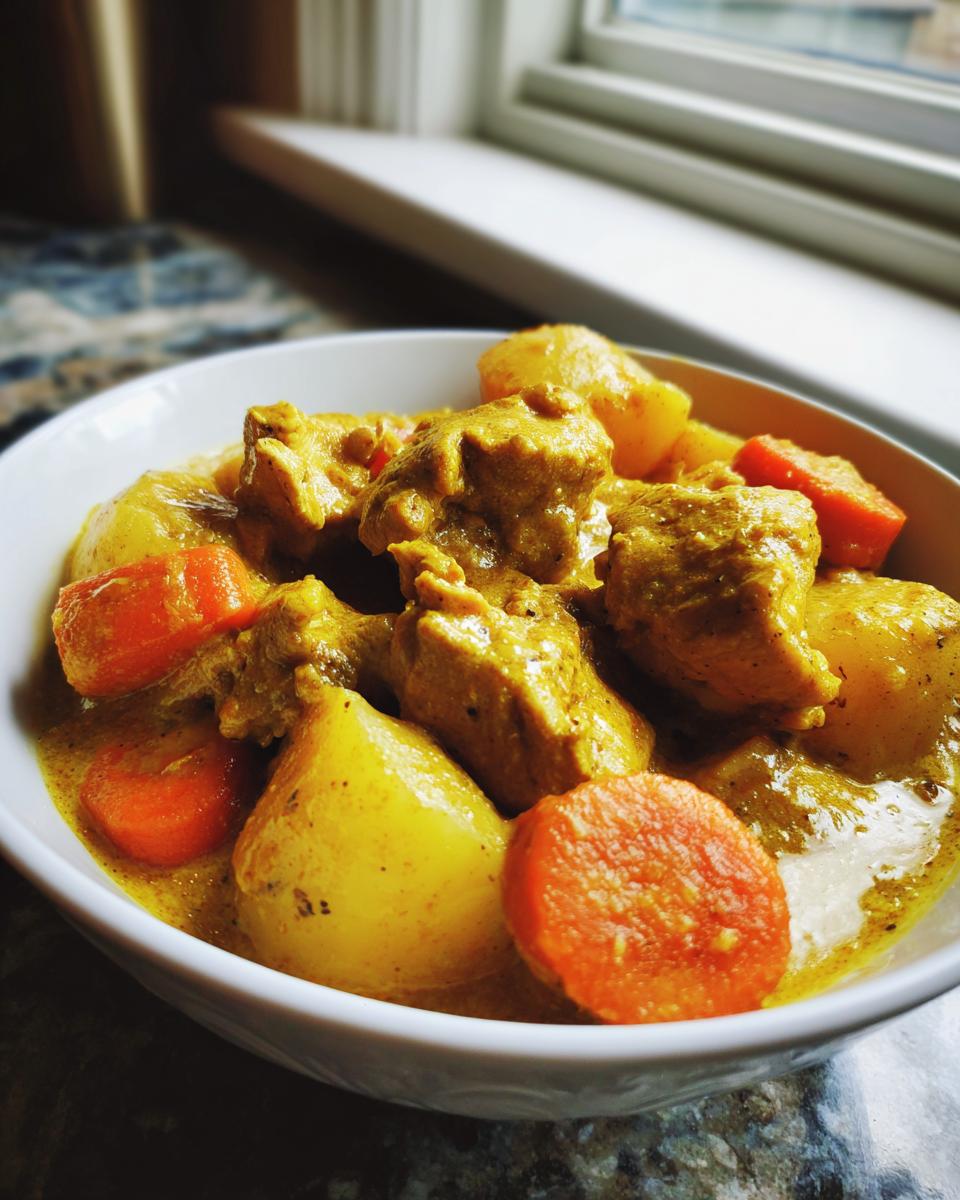 Close-up of a white bowl filled with rich Jamaican Curry Chicken, potatoes, and sliced carrots in a yellow sauce.