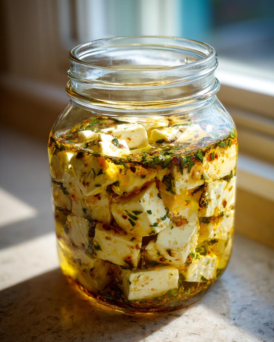 Close-up of cubed cheese soaking in oil, herbs, and spices, showcasing the delicious marinated cheese.
