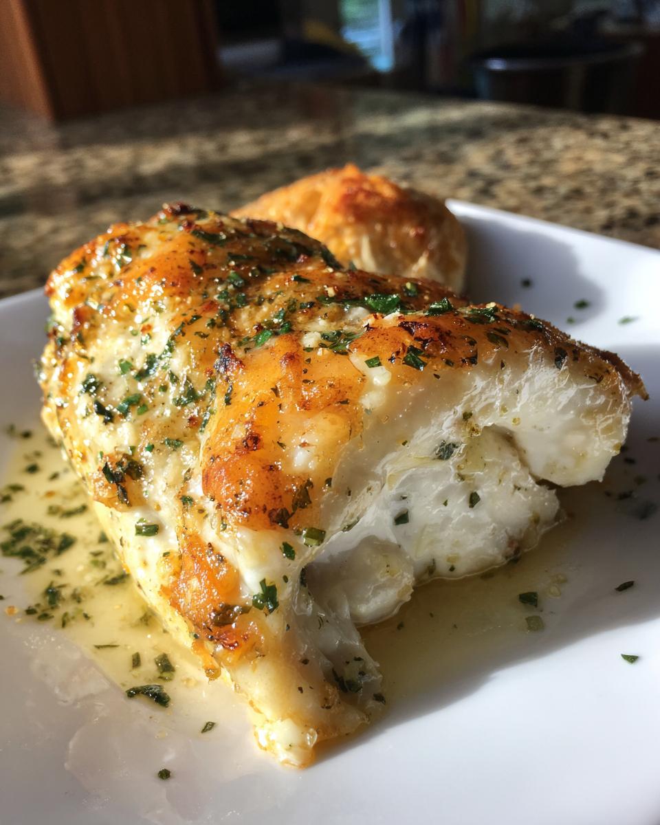 Close-up of a juicy baked chicken breast, sliced open to show moist white meat, seasoned with herbs.