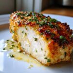Close-up of a perfectly cooked, juicy baked chicken breast, sliced to show white meat and golden crust, topped with herbs.
