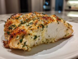 Close-up of a perfectly cooked baked chicken breast, showing the moist white interior and golden, herbed crust.