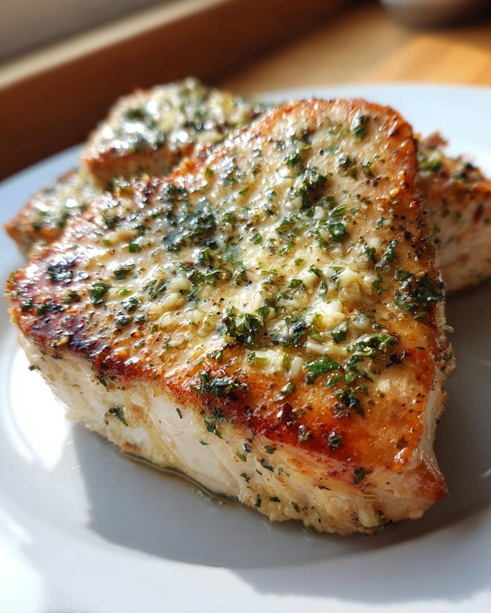 Close-up of a juicy baked chicken breast topped with a glistening garlic and herb butter glaze.