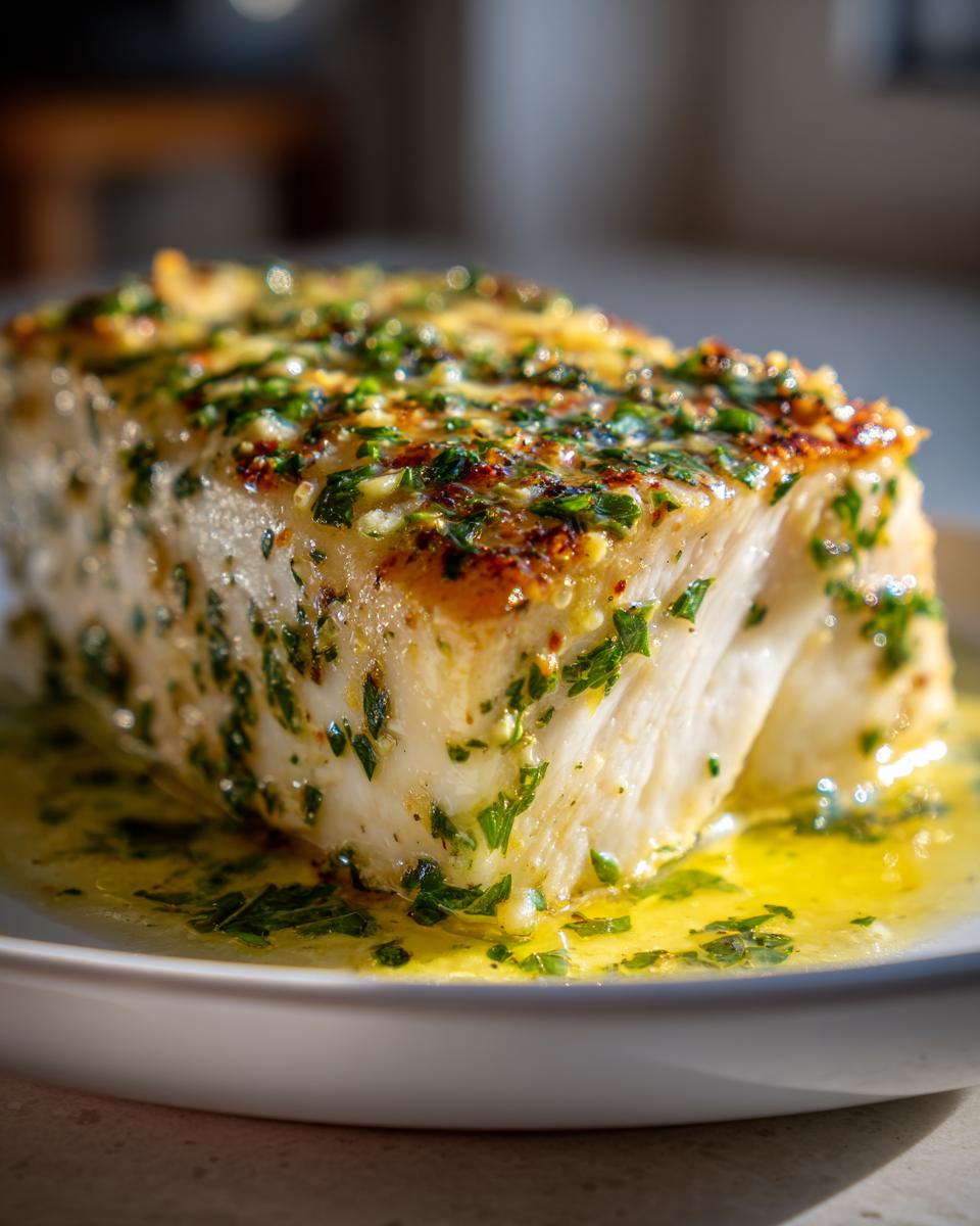 Close-up of a juicy baked chicken breast covered in melted garlic herb butter sauce.