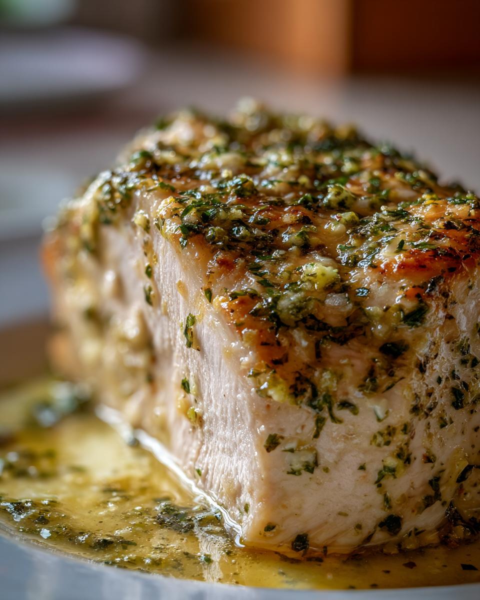 Close-up of a perfectly cooked, juicy baked chicken breast topped with a glistening garlic and herb butter sauce.