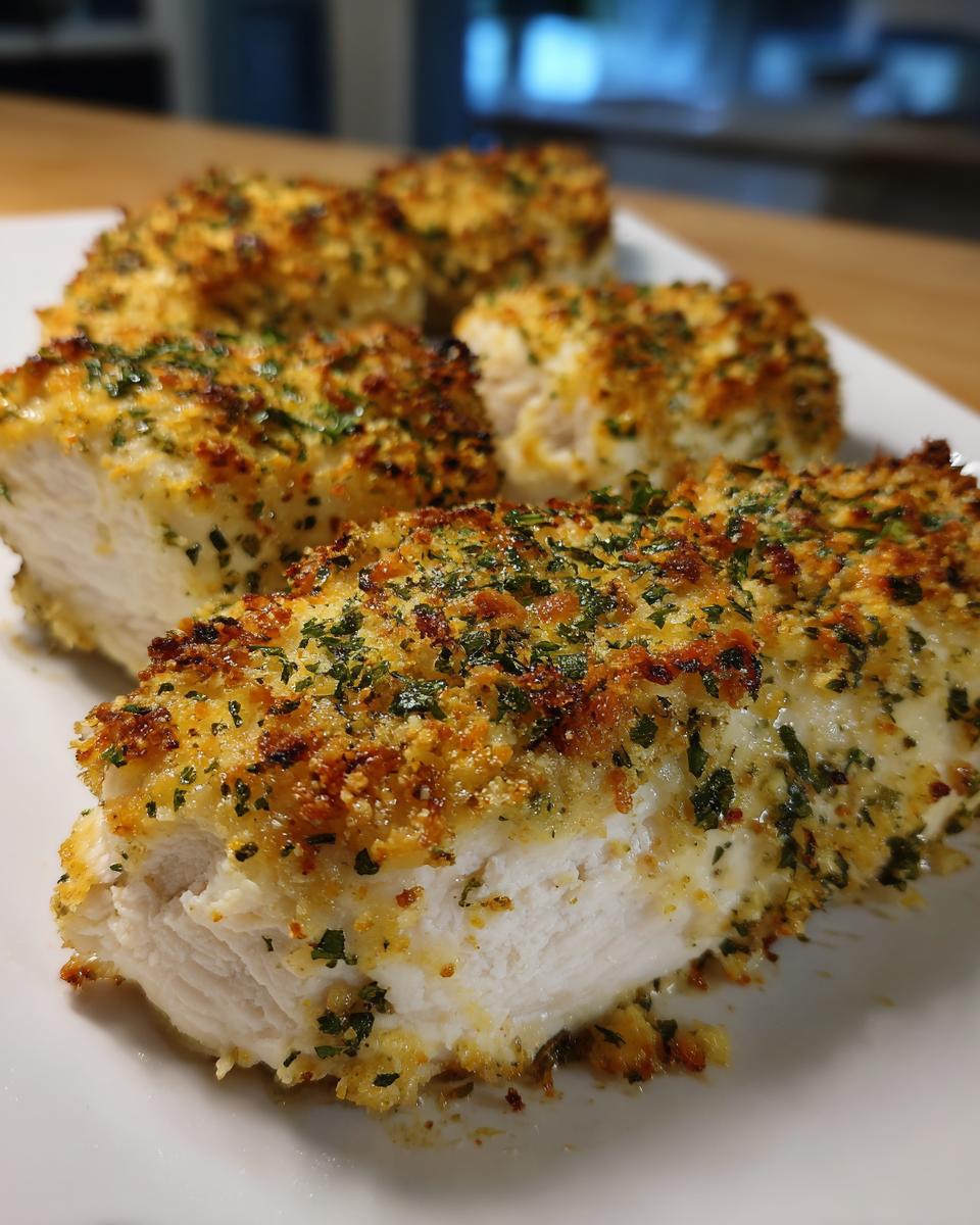 Close-up of juicy baked ranch chicken breast cut open, showing white meat and a golden, herbed crust.