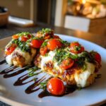 Close-up of two servings of juicy caprese chicken topped with melted mozzarella, cherry tomatoes, and pesto.