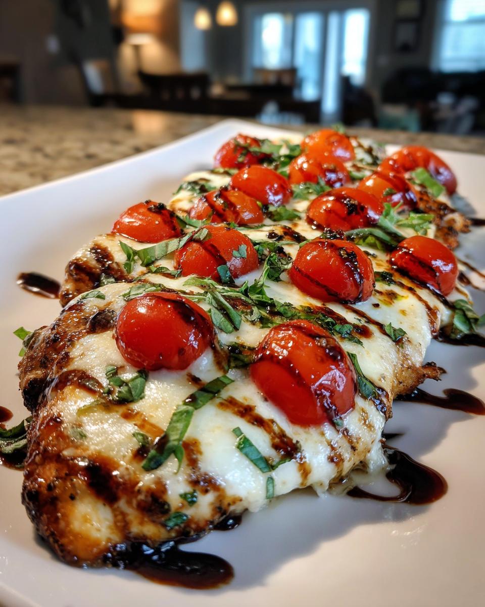Close-up of juicy caprese chicken topped with melted mozzarella, cherry tomatoes, and balsamic glaze.