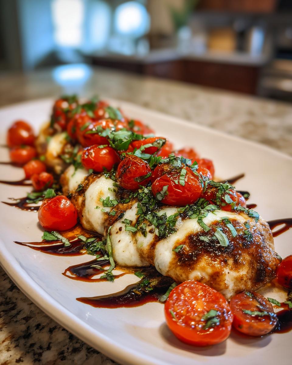 Close-up of juicy caprese chicken breasts topped with roasted cherry tomatoes, fresh basil, and balsamic glaze.