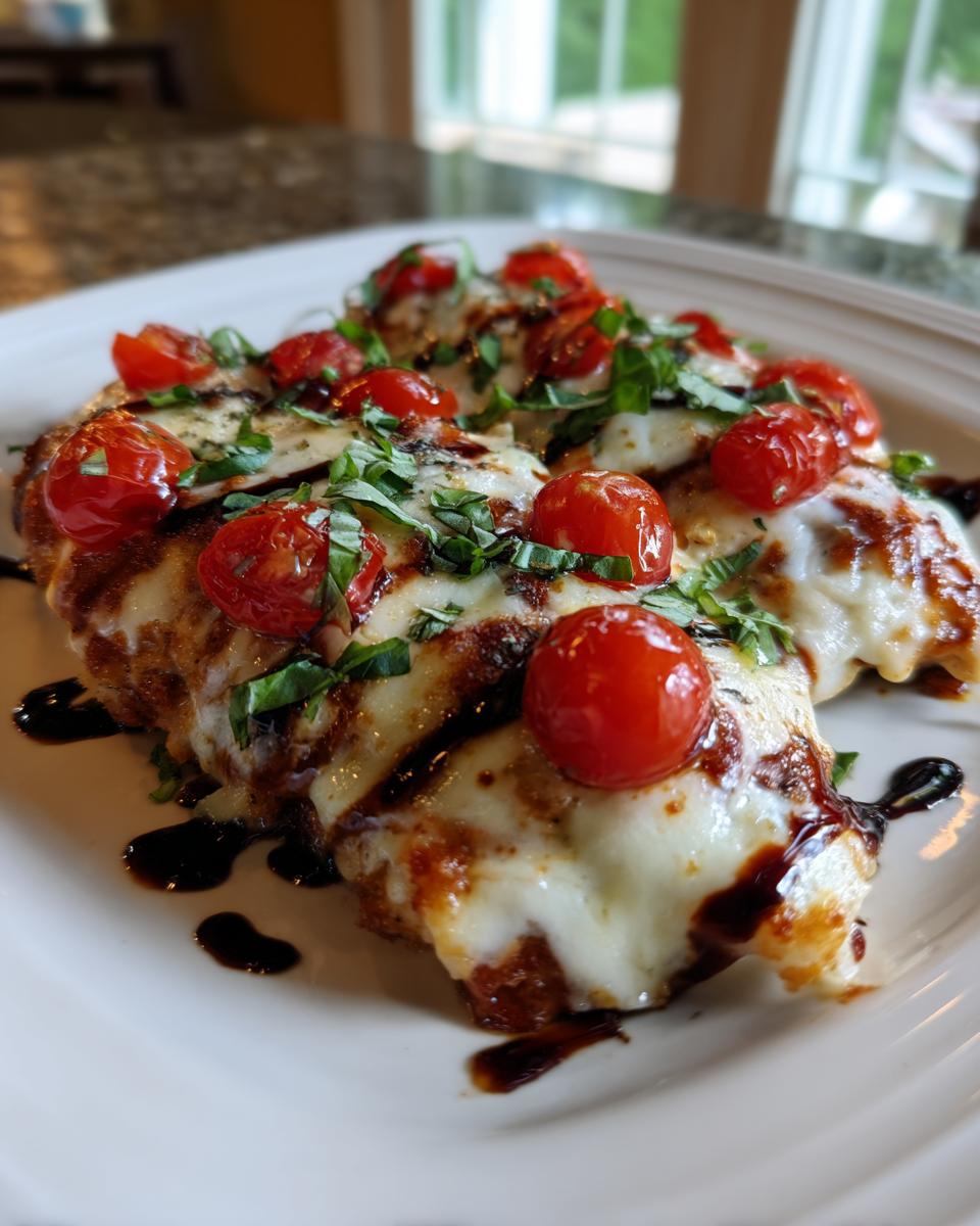 Two servings of juicy caprese chicken topped with melted mozzarella, cherry tomatoes, and basil.