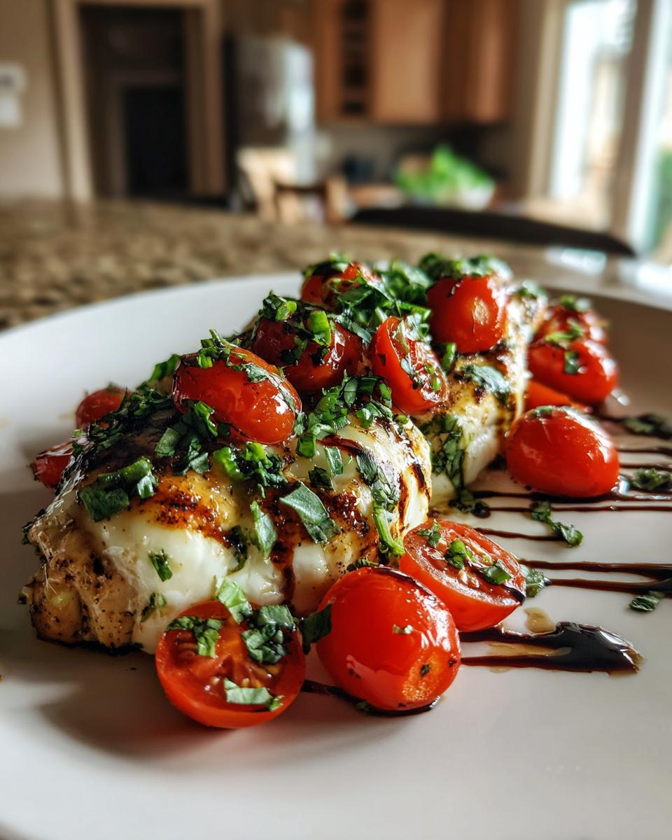 Close-up of juicy caprese chicken topped with melted mozzarella, roasted cherry tomatoes, and fresh basil.
